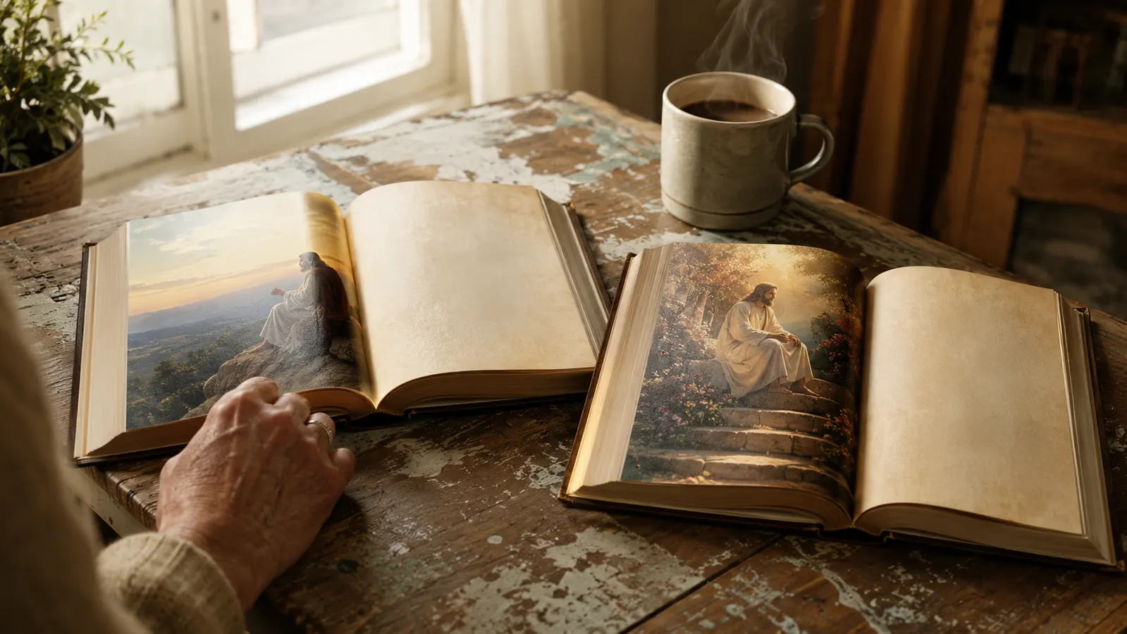 Two devotional books open side by side on a wooden table next to a ceramic mug of coffee and morning light coming through a curtained window