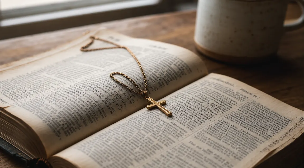 PAVOI gold cross necklace resting on an open Bible with morning light coming through a nearby window