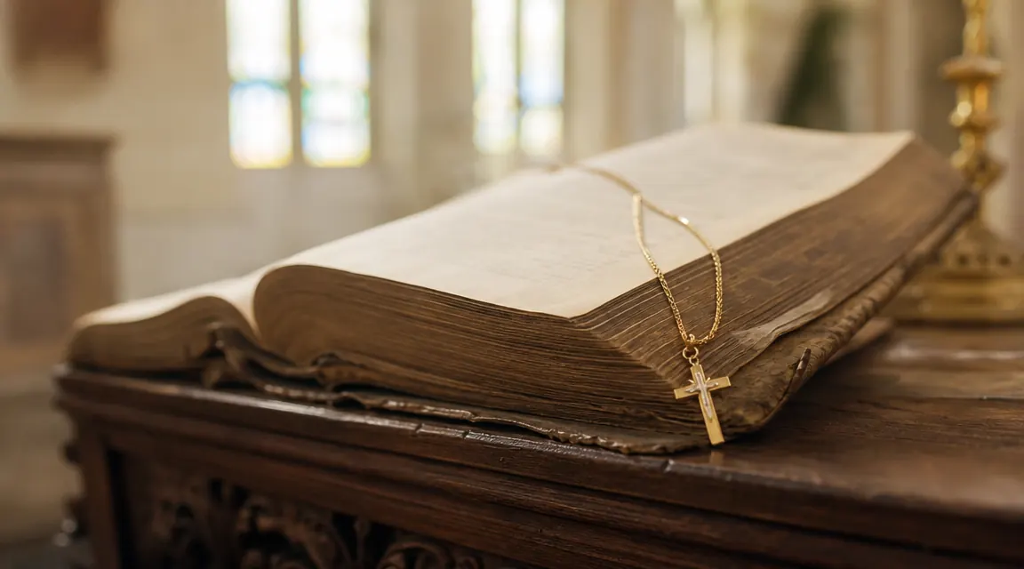 Gold cross necklace resting on an open Bible in soft morning light on a wooden table